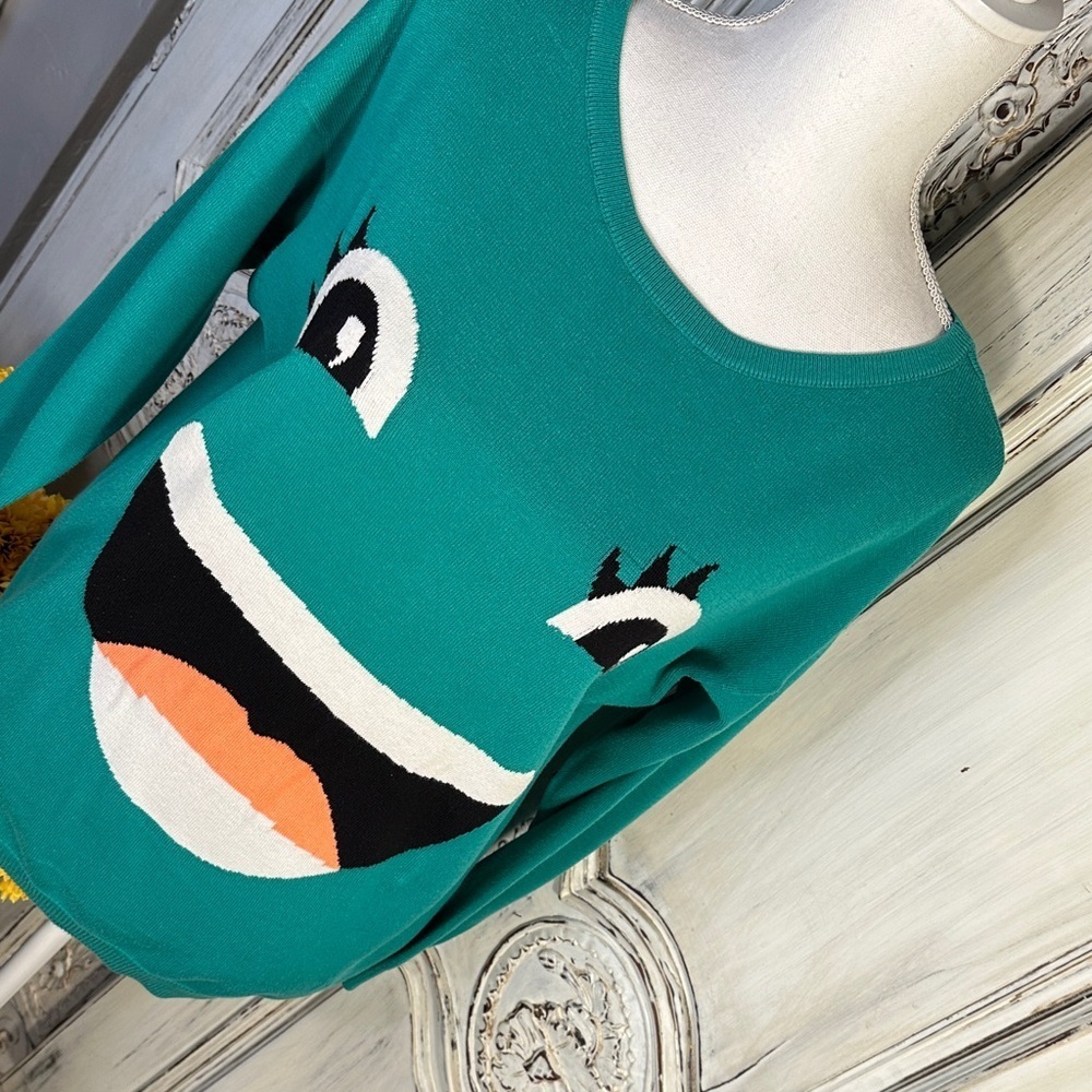 Y2K Teal Face Graphic Long Sleeves Sweater - Picture 3 of 8